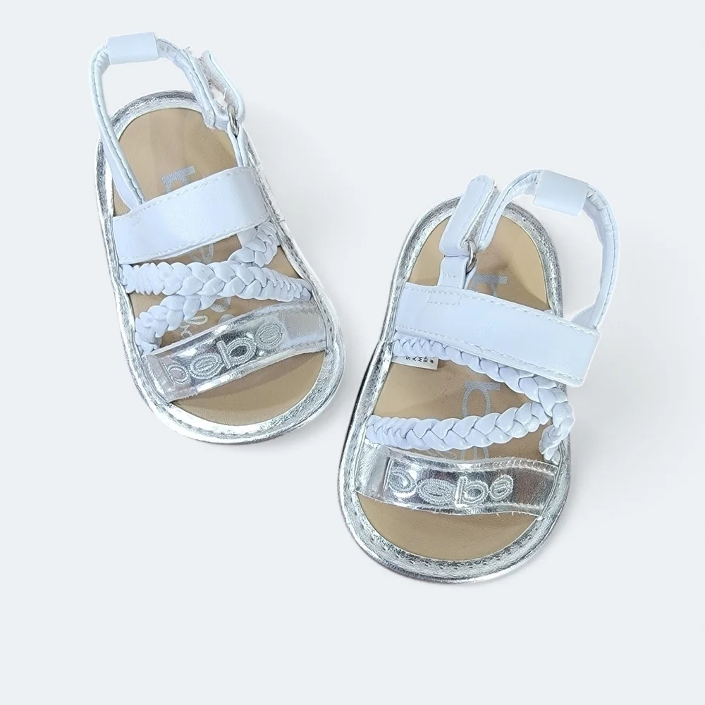 Bebe Silver and White Sandals Toddler Size 2 Braided With Ankle Strap